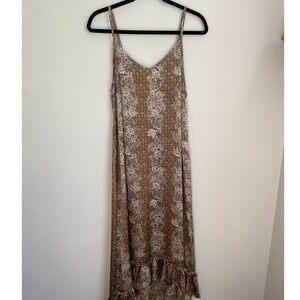 Mystree Floral Slip Ruffle Tan Maxi Dress Boho Silk Slinky 90s Formal Date Night